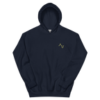 Navy blue hoodie with a yellow logo on a white background