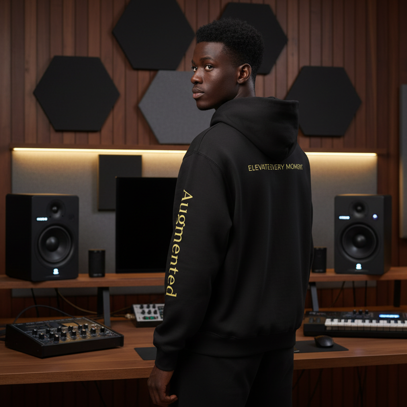 Person wearing a black hoodie with text in a music studio setting