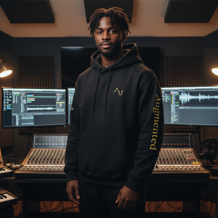 Person standing in a music production studio with equipment and screens.