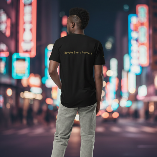 Person wearing a black t-shirt with text standing on a neon-lit city street at night.