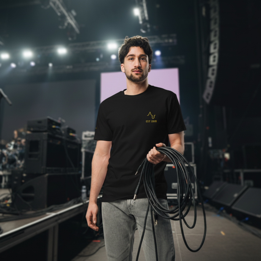Person holding cables on a stage with equipment and lighting in the background